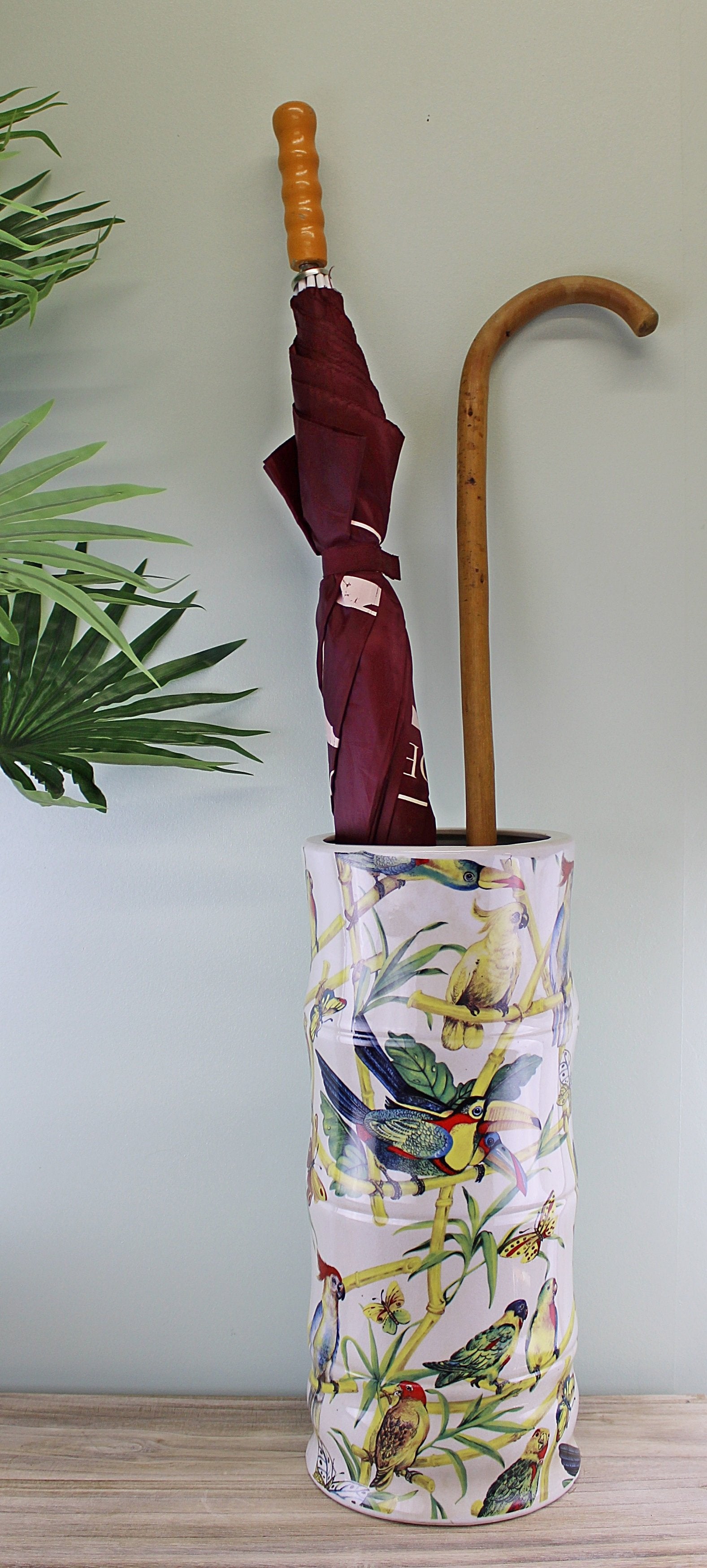 Ceramic Umbrella Stand, Bamboo And Tropical Bird Design