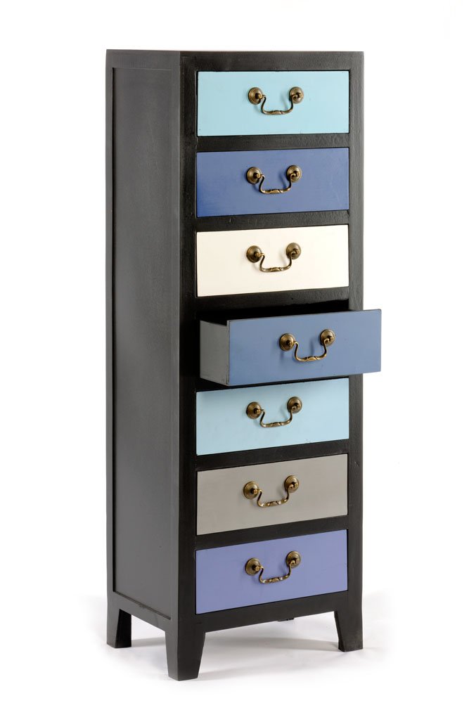 Blue Tall Cabinet with 7 Drawers 38 x 26 x 110cm