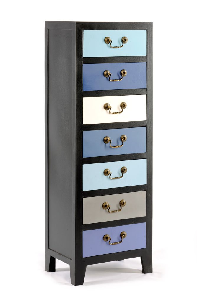 Blue Tall Cabinet with 7 Drawers 38 x 26 x 110cm