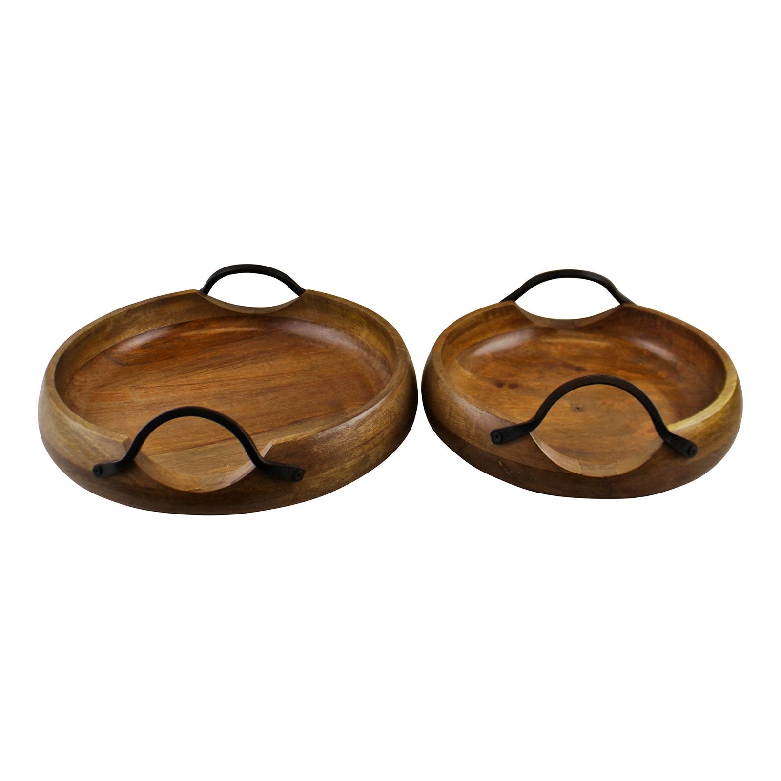 Set Of 2 Mango Wood Bowls With Metal Handles