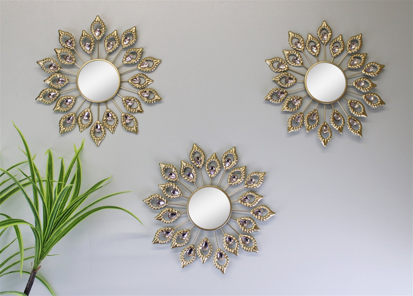 Set of 3 Gold Metal Jewelled Peacock Feather Accent Mirrors