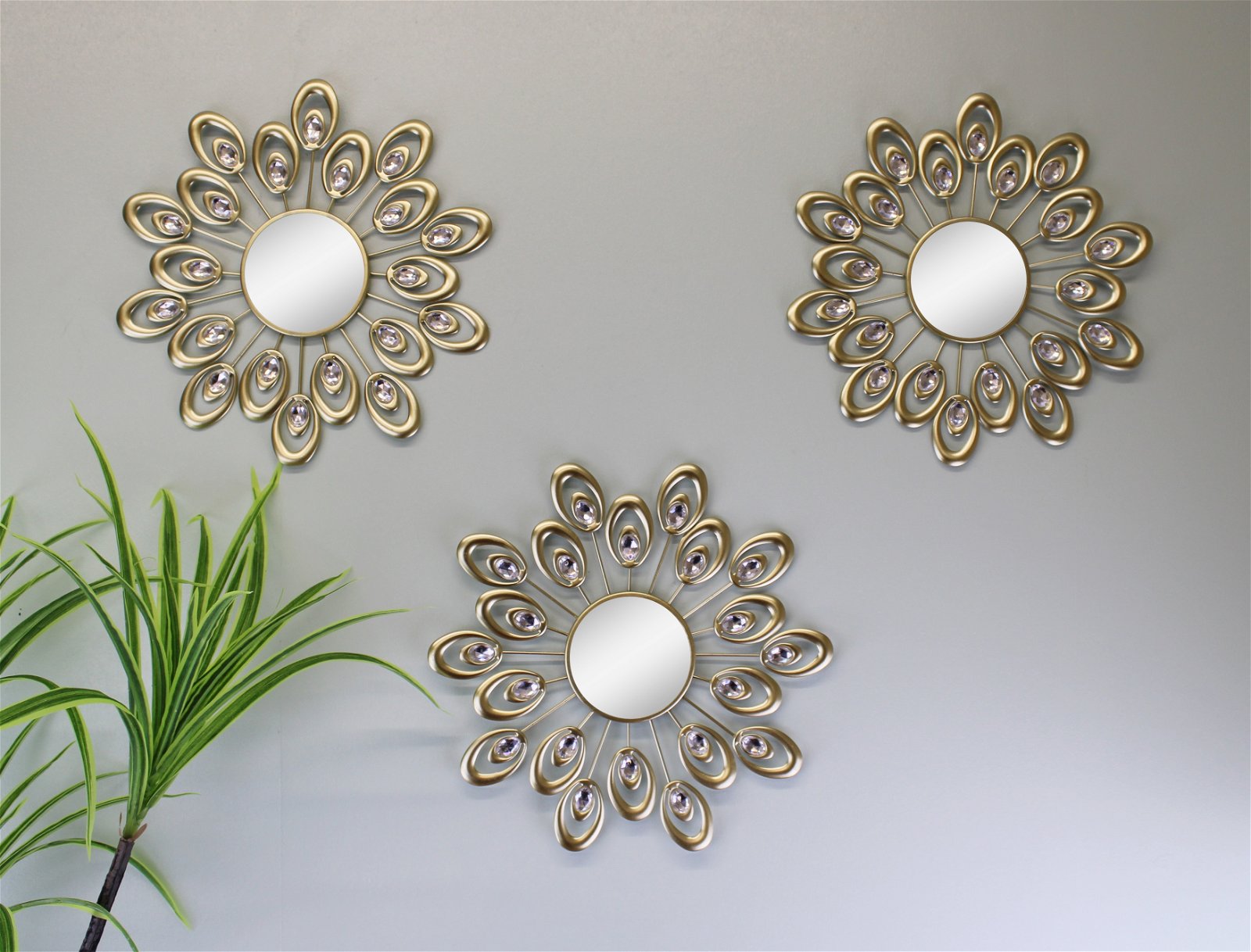 Set of 3 Gold Metal Jewelled Feather Accent Mirrors