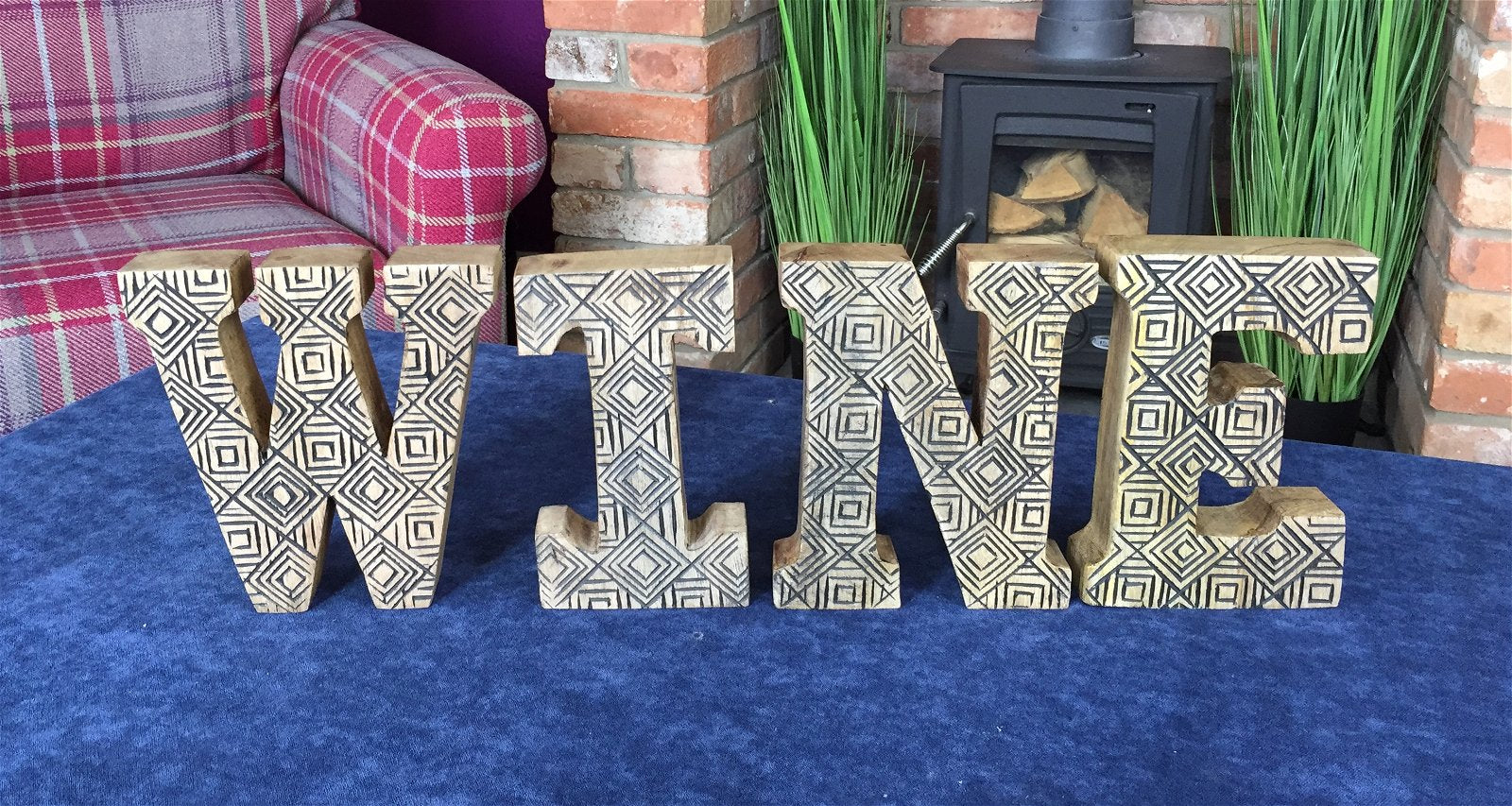 Hand Carved Wooden Geometric Letters Wine