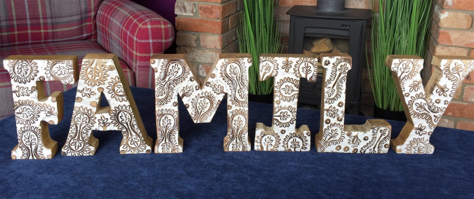 Hand Carved Wooden White Flower Letters Family