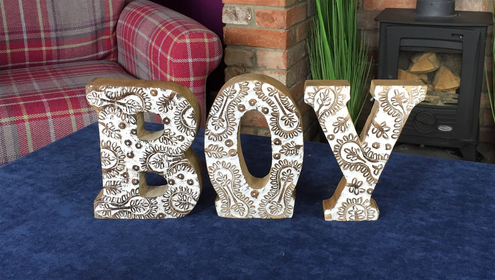 Hand Carved Wooden White Flower Letters Boy
