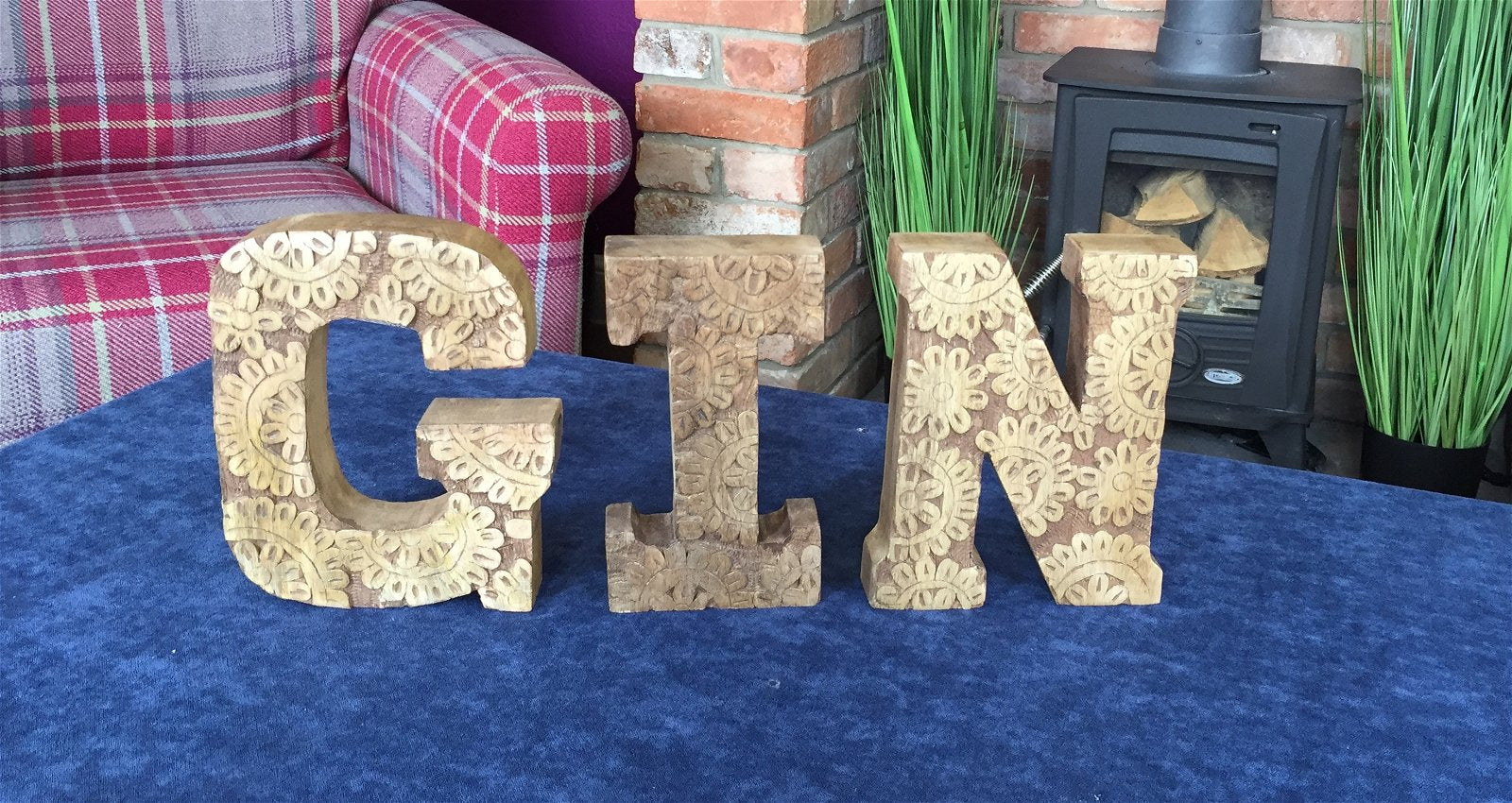 Hand Carved Wooden Flower Letters Gin