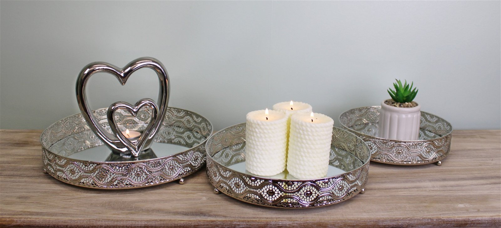 Set Of 3 Silver Metal and Mirrored Candle Plates