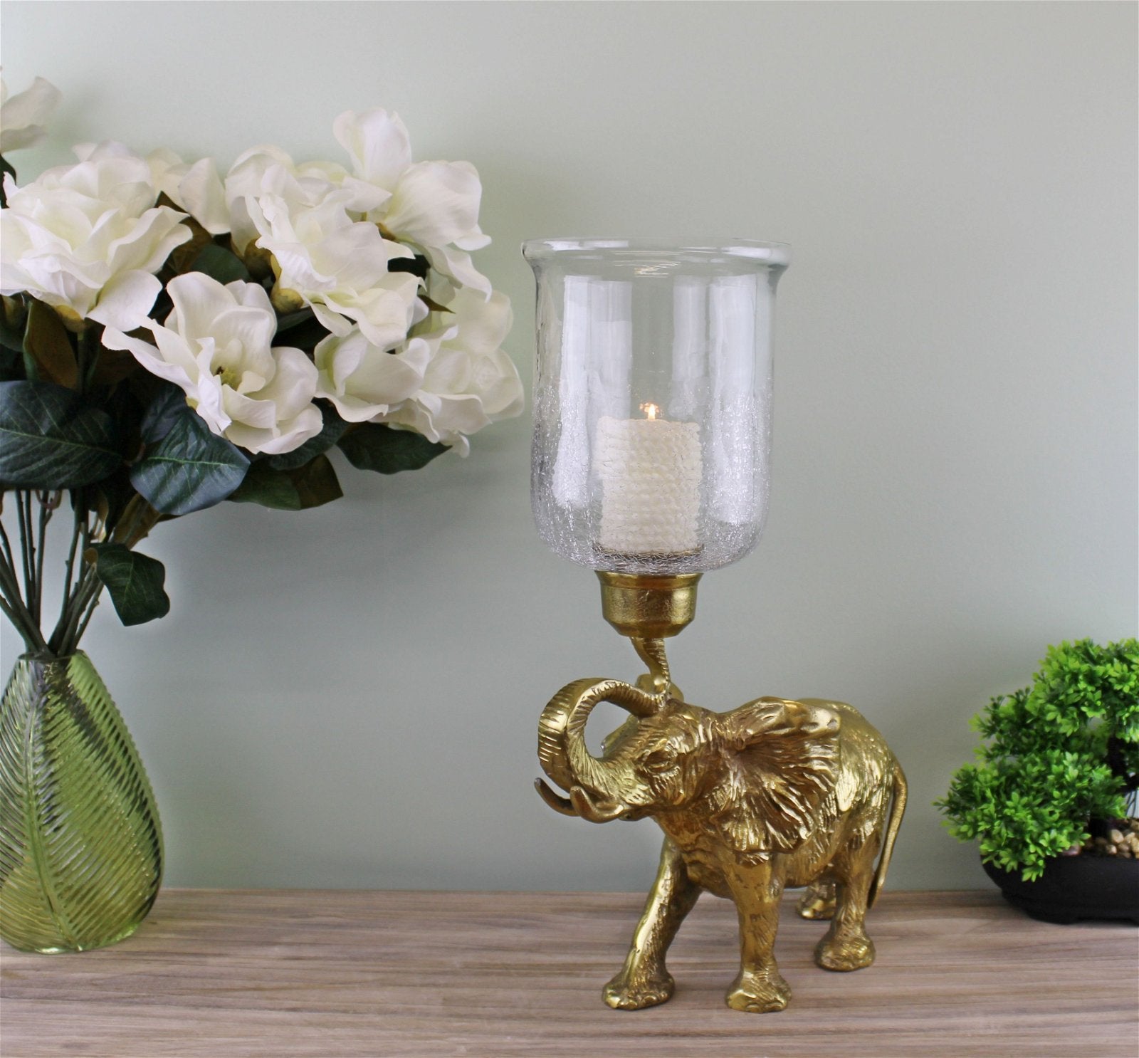 Large Gold Elephant Candle Holder With Glass Hurricane Jar