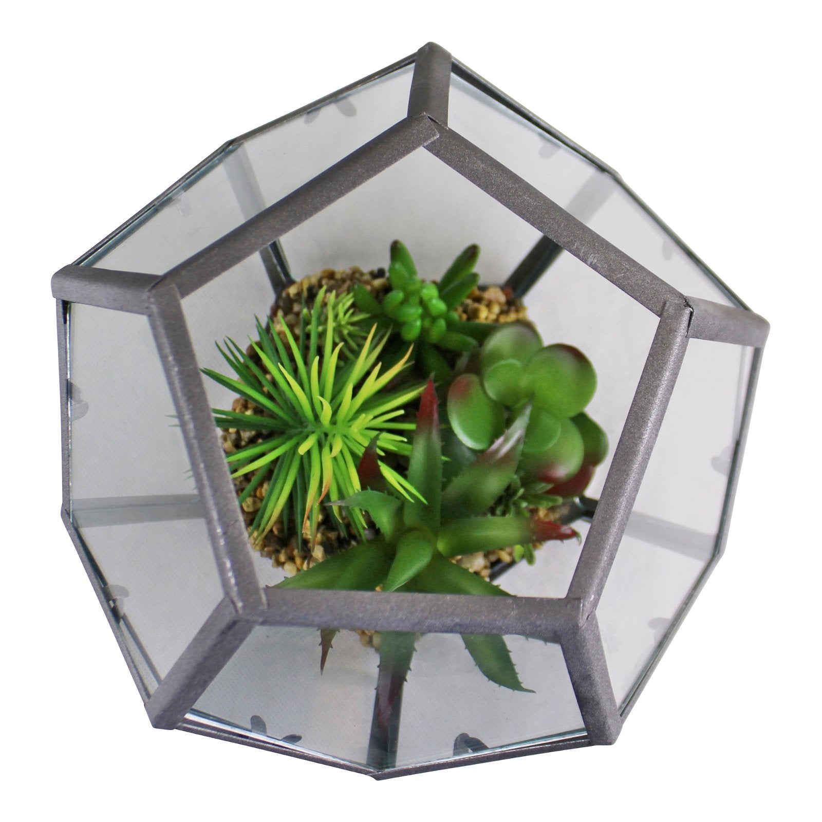 Glass & Metal Hexagonal Terrarium With Faux Succulents