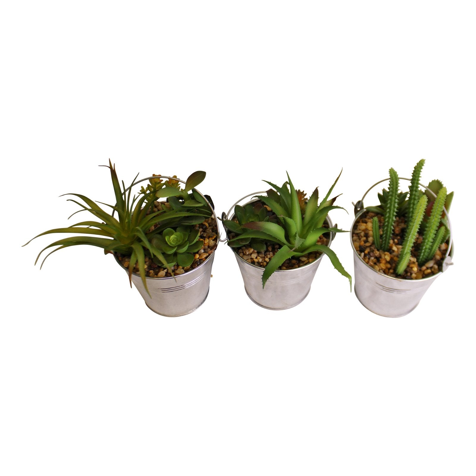 Set of 3 Faux Succulents In Tin Buckets