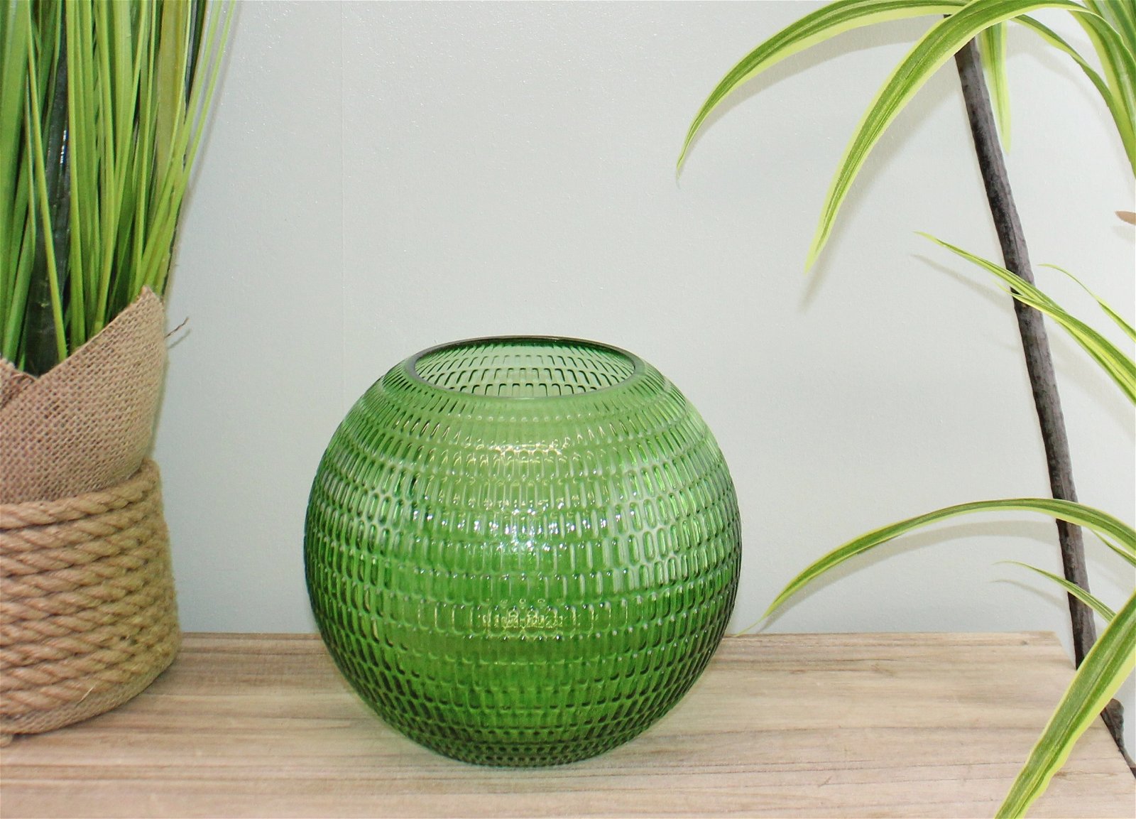 Embossed Glass Bowl Vase, Dark Green, 15cm