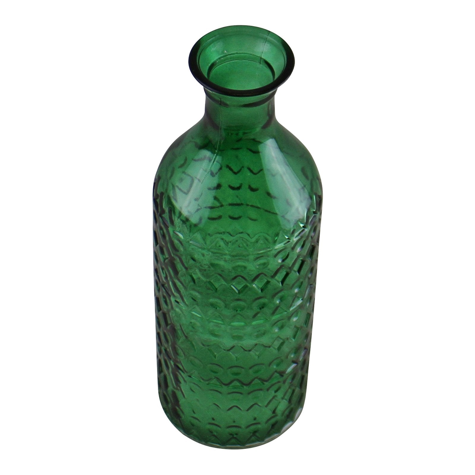 Small Geometric Embossed Glass Bottle Style Vase, Dark Green