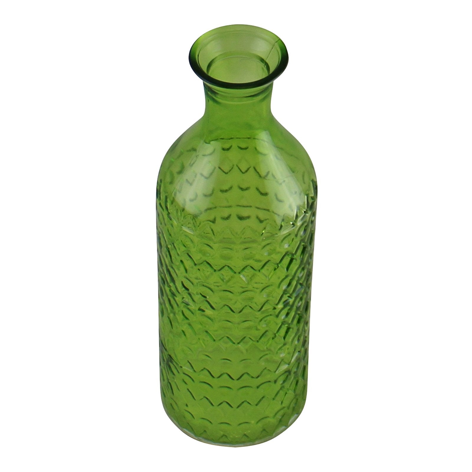 Small Geometric Embossed Glass Bottle Style Vase, Light Green
