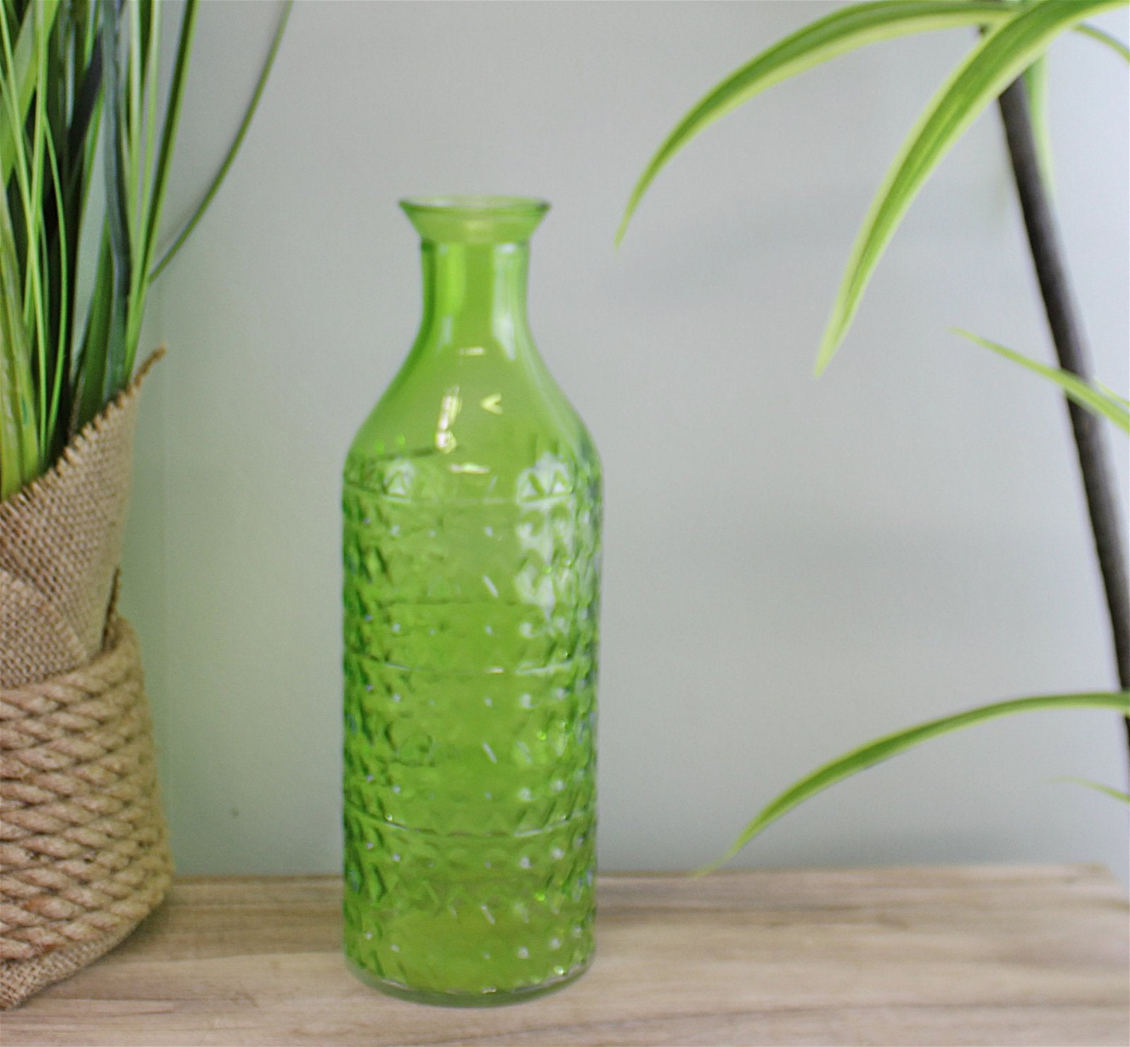 Small Geometric Embossed Glass Bottle Style Vase, Light Green