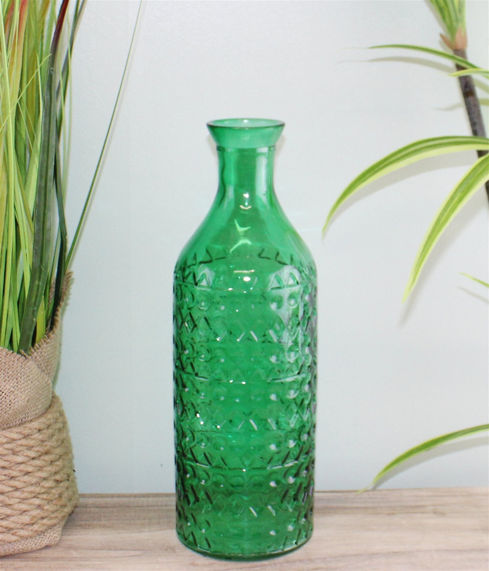 Large Geometric Embossed Glass Bottle Style Vase, Dark Green