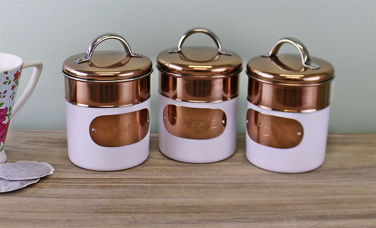 Set of 3 Tea,Coffee & Sugar Canisters, Copper & White Metal Design