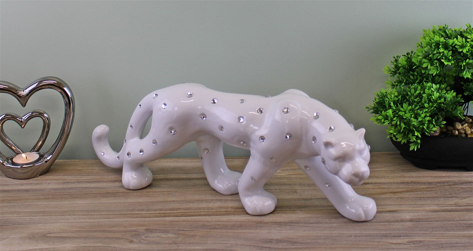 White Ceramic Leopard With Jewels Ornament 44cm