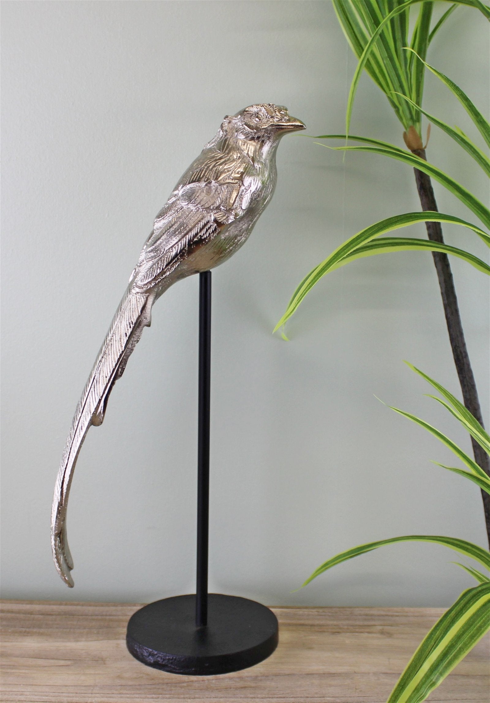 Silver Metal Bird Ornament On Stand