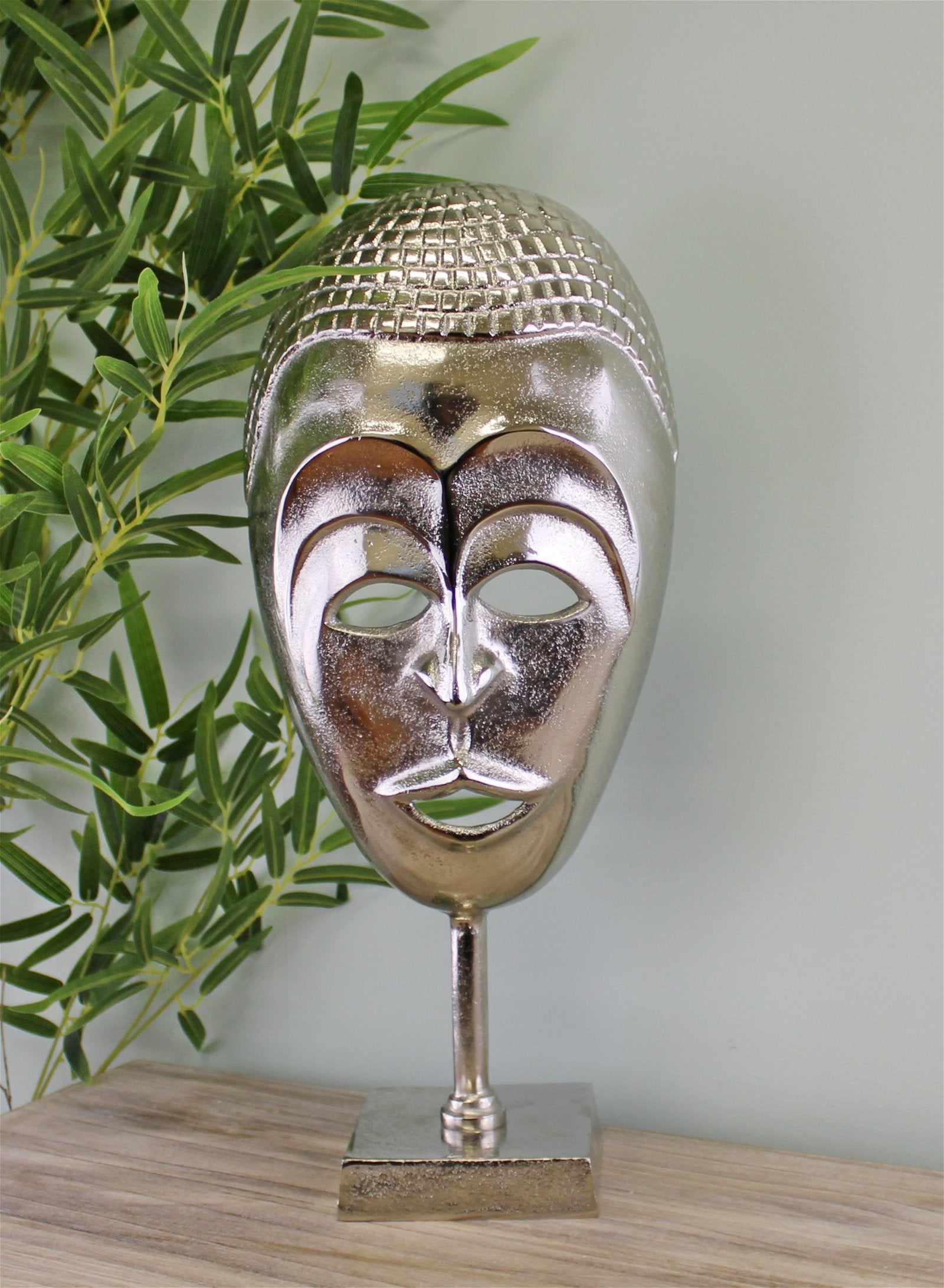 Silver Metal Tribal Mask Sculpture