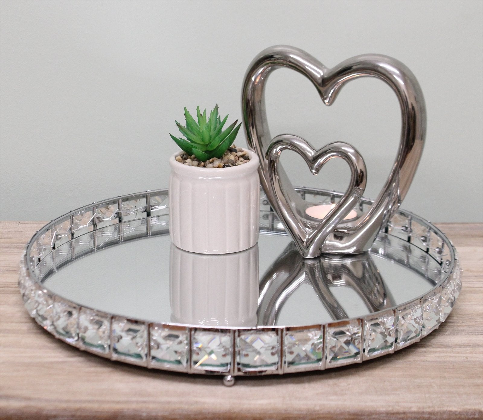 Large Mirrored Silver Tray With Bead Design, 31cm.