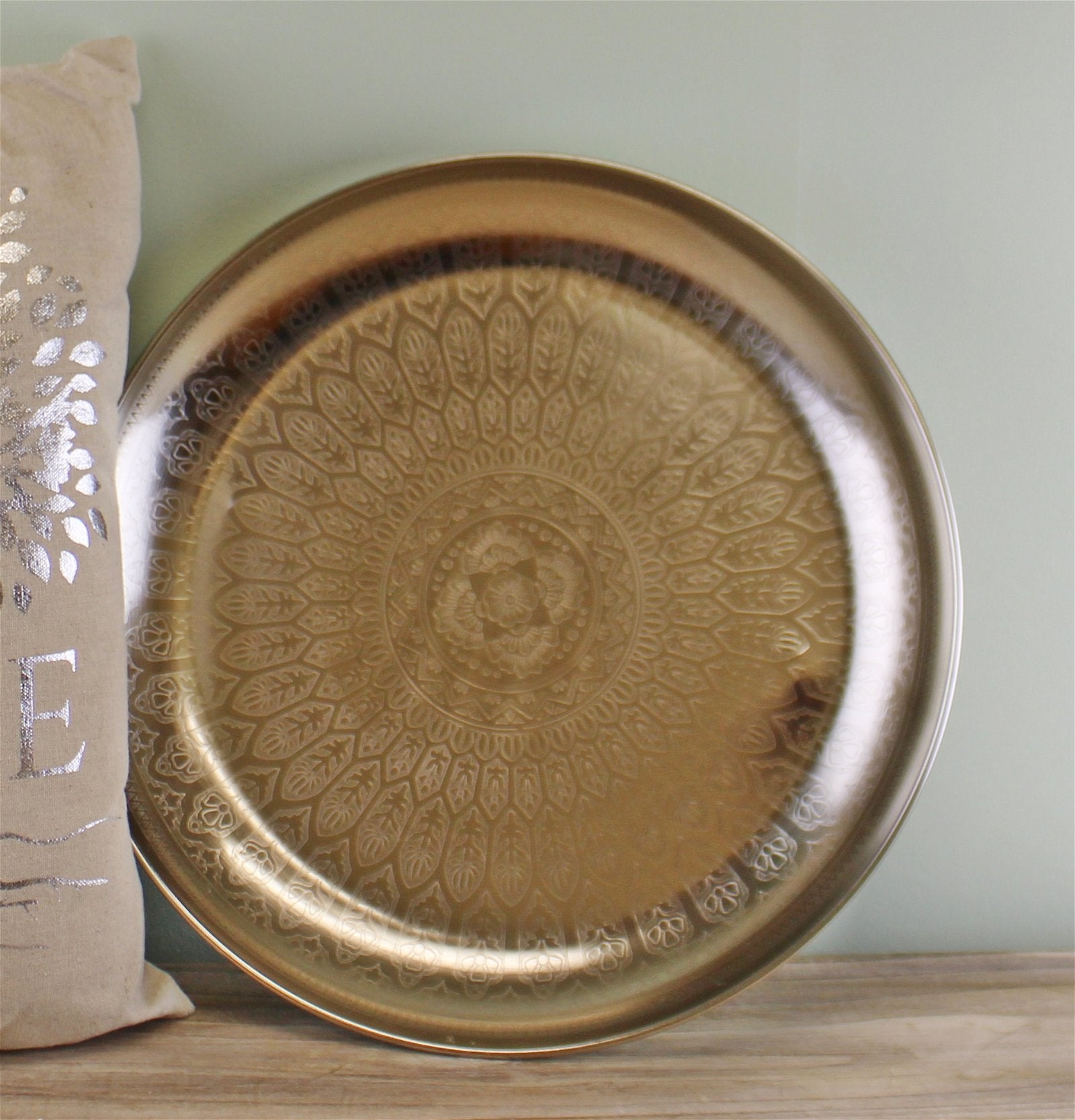 Decorative Silver Metal Tray With Etched Design