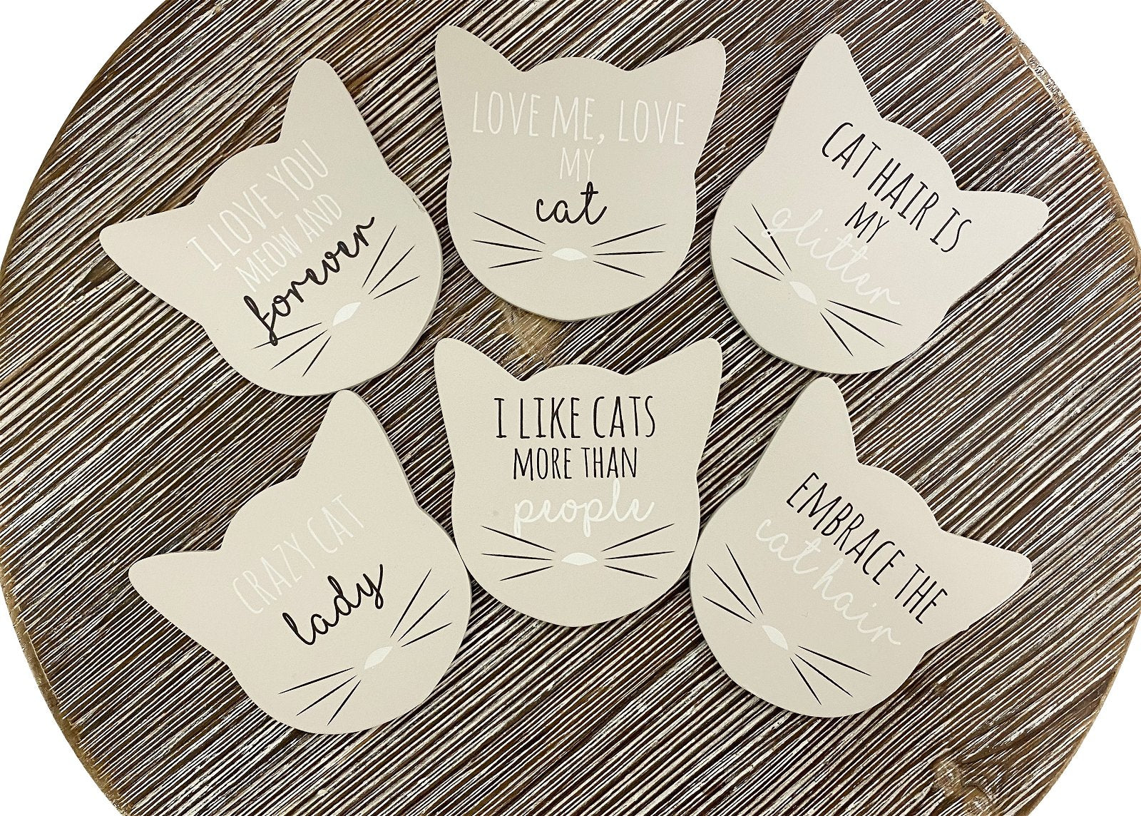 Set of 6 Cat Shaped Coasters With Assorted Quotes