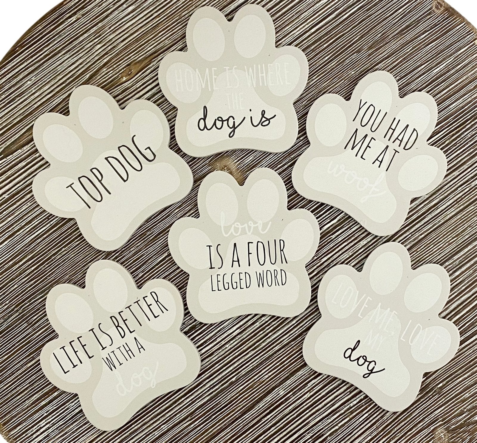 Set of 6 Dog Paw Shaped Coasters With Assorted Quotes