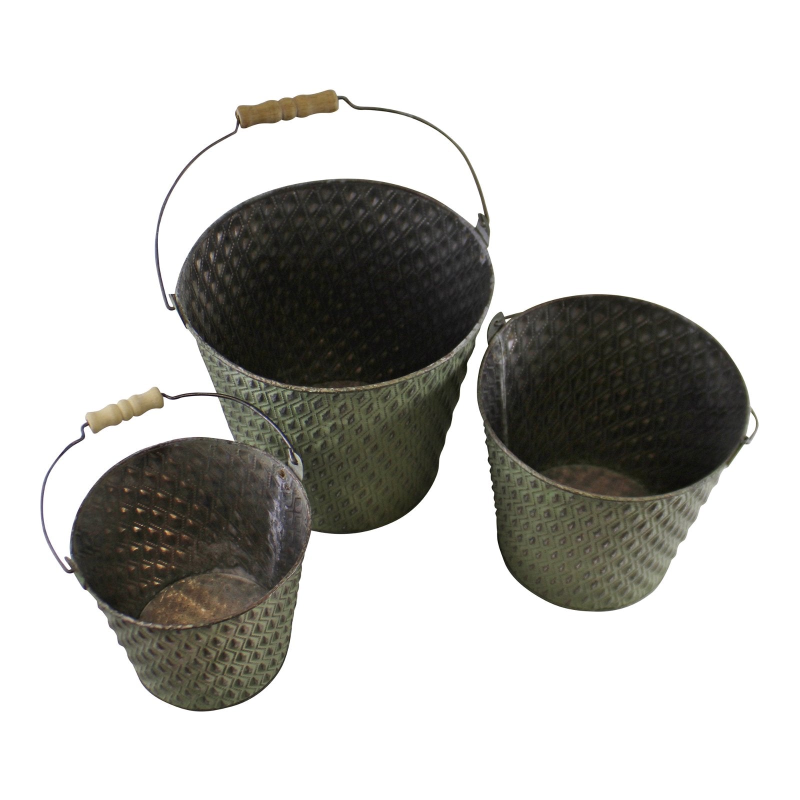 Set Of 3 Bucket Style Zinc Planters In Green
