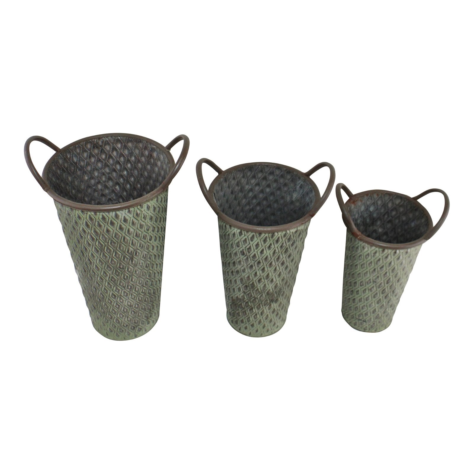 Set of 3 Tall Zinc Planters in Green