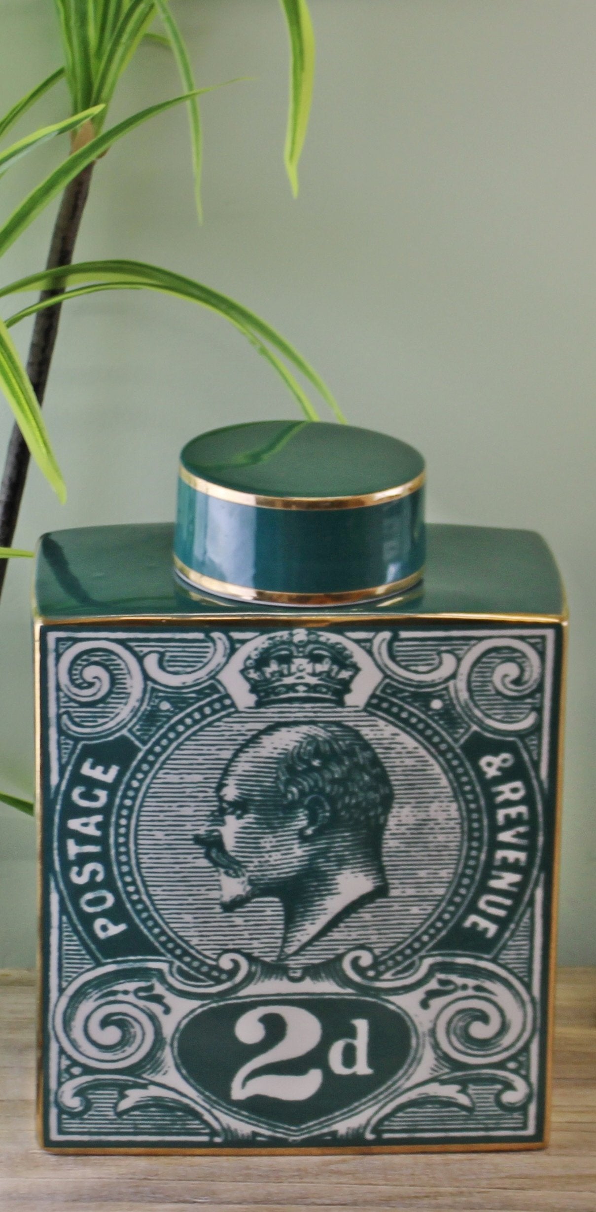Large Postage Stamp Decorative Ginger Jar, Teal Green