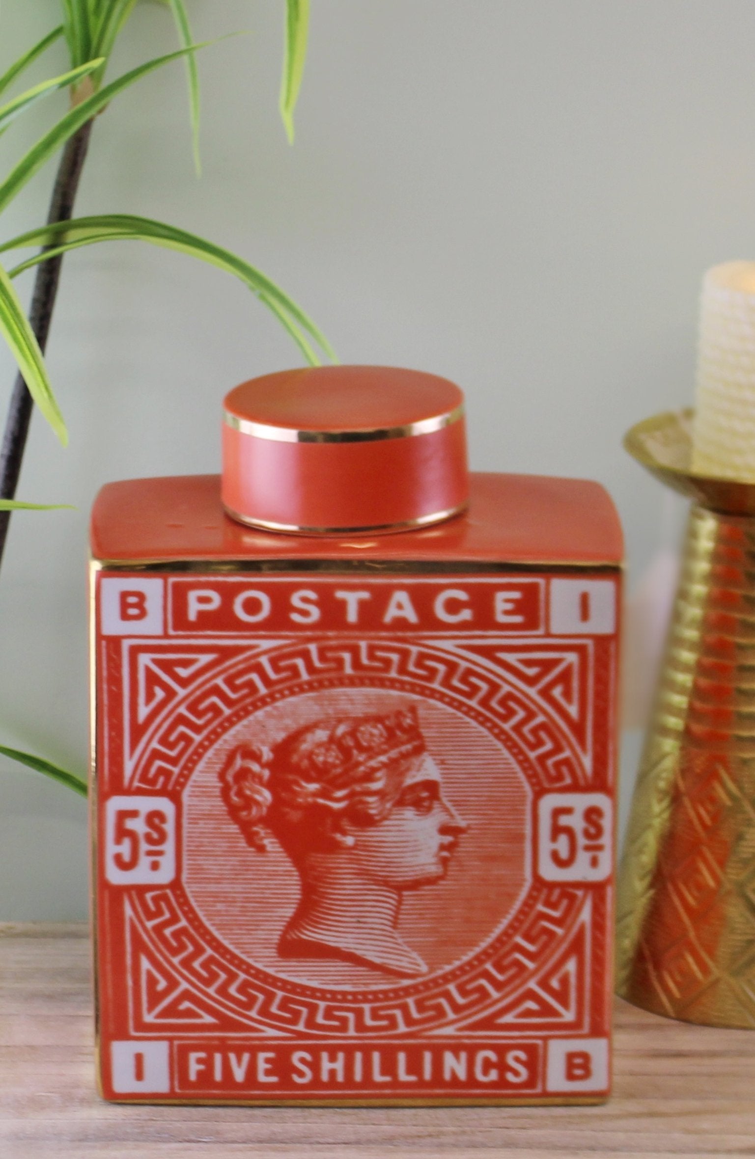 Large Postage Stamp Decorative Ginger Jar, Burnt Orange