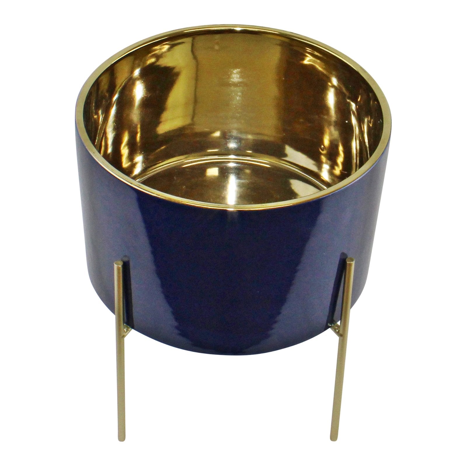 Large Ceramic Gold Lined Planter With Stand, Navy Blue