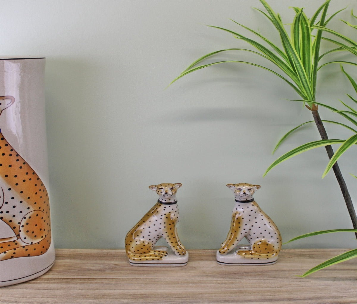 Set of 2 Left & Right Facing Ceramic Crackle Glaze Leopard Ornaments
