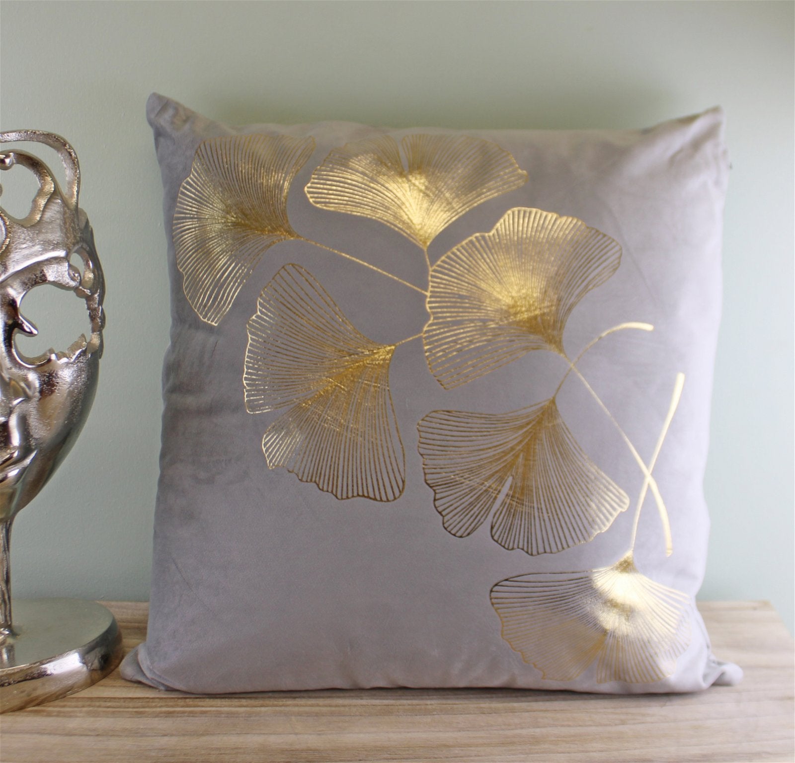 Scatter Cushion With Gold Lotus Leaf Design In Silver Grey