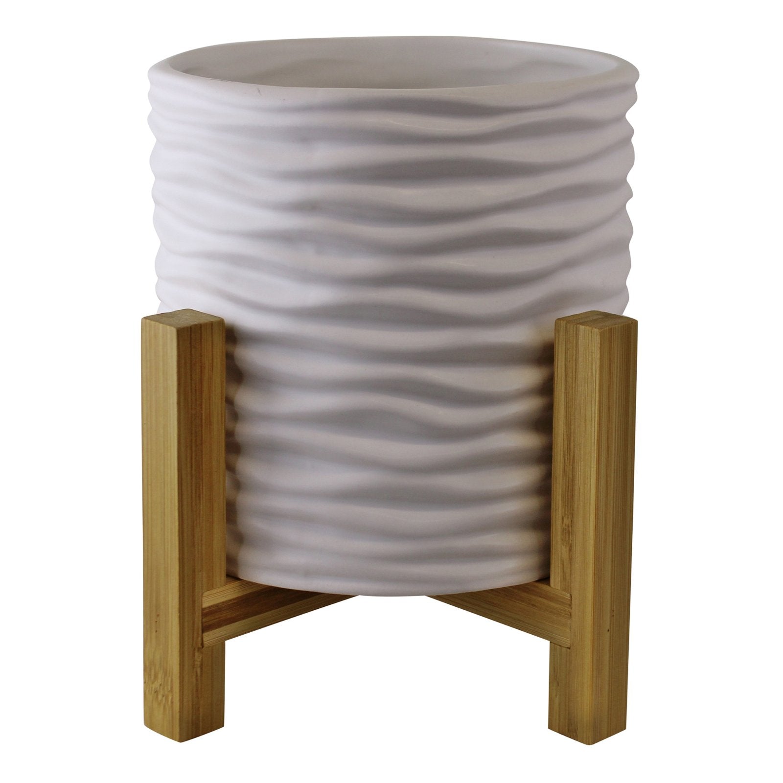 Small White Stoneware Planter On Wooden Stand