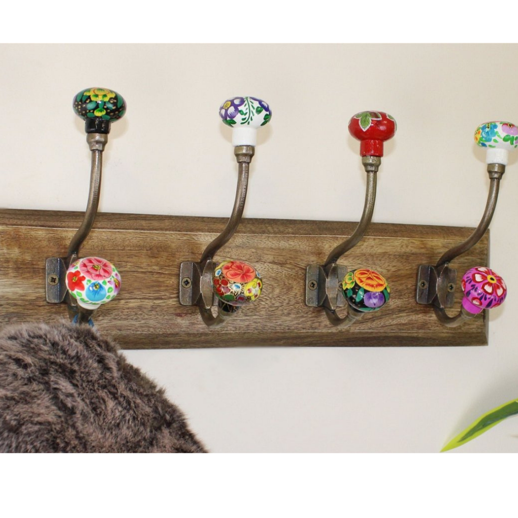Mexican Floral Ceramic Hooks on Wooden Base