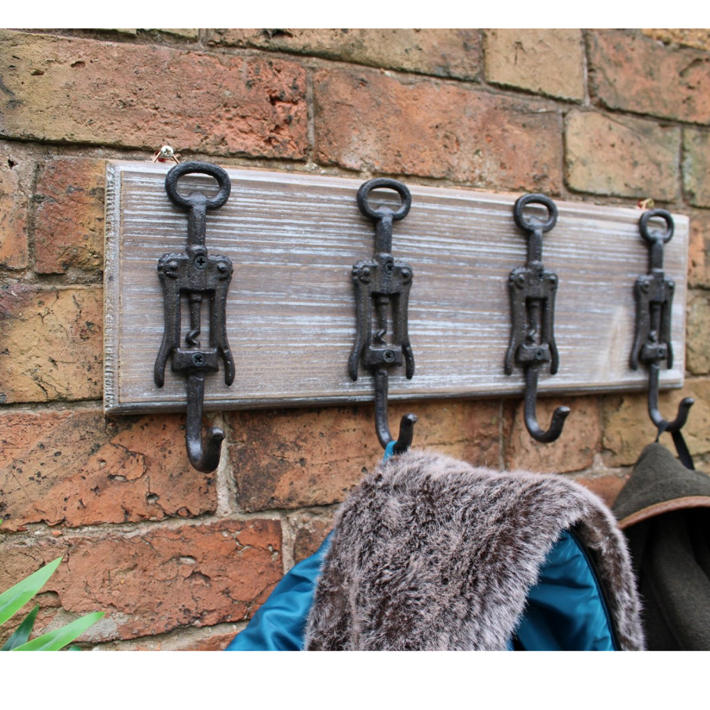 Rustic Cast Iron and Wooden Wall Hooks, Bottle Openers