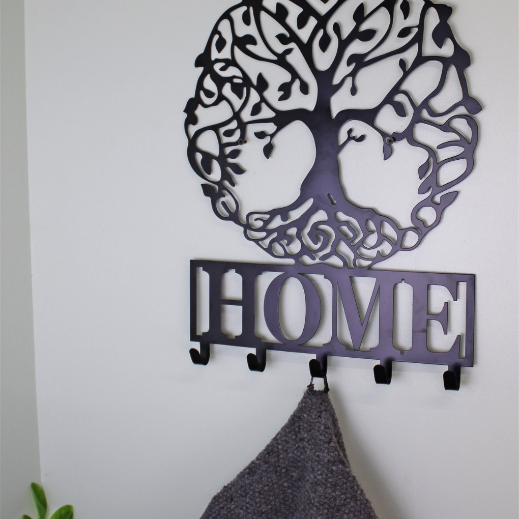 Black Metal Wall Plaque Tree of Life Featuring Hooks