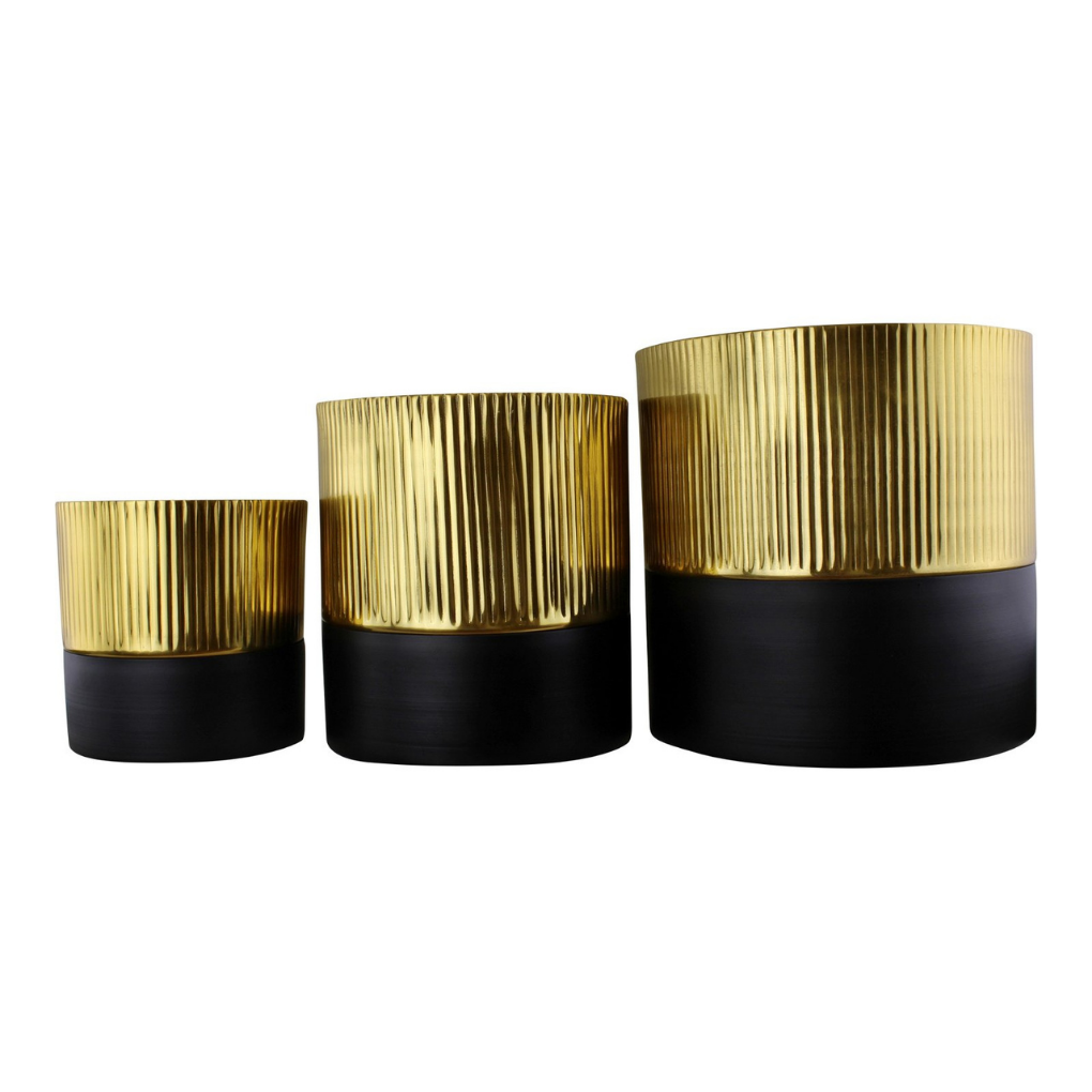 Gold and Black Set Of Three Ribbed Metal Planters