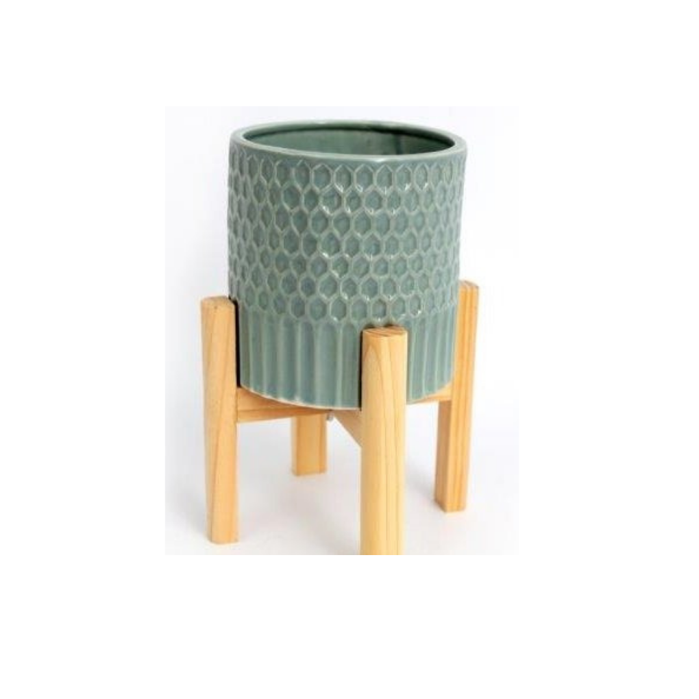Large Ceramic Teal Coloured Planter On Wooden Stand