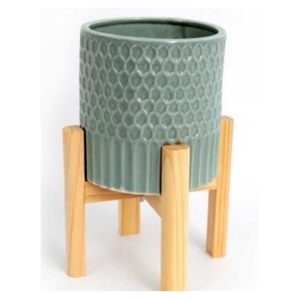 Large Ceramic Teal Coloured Planter On Wooden Stand