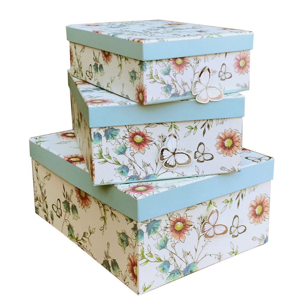 Set Of Three Floral Nesting Boxes - Blue Lids