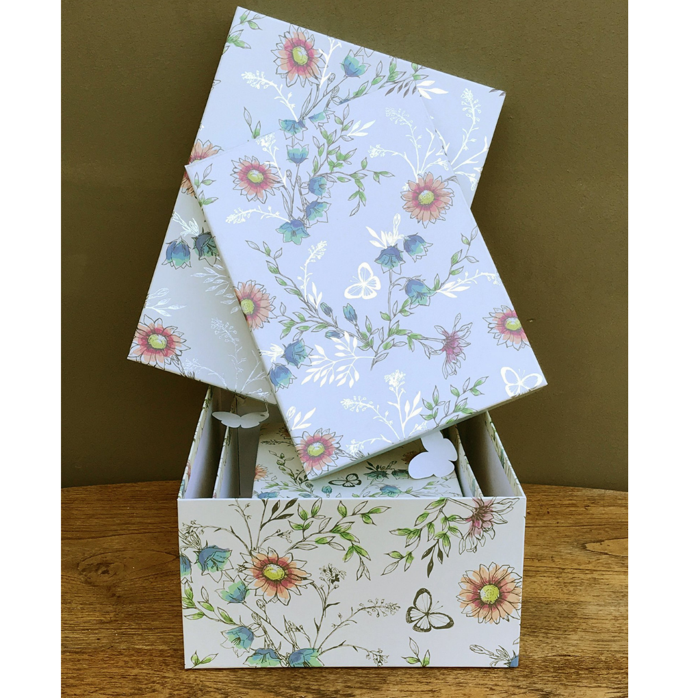 Set Of Three Floral Nesting Boxes - Blue Lids