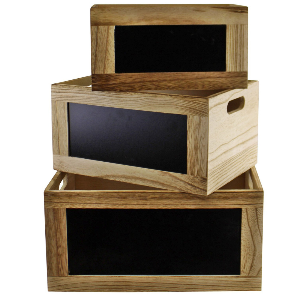 Set of 3 Wooden Chalkboard Storage Crates