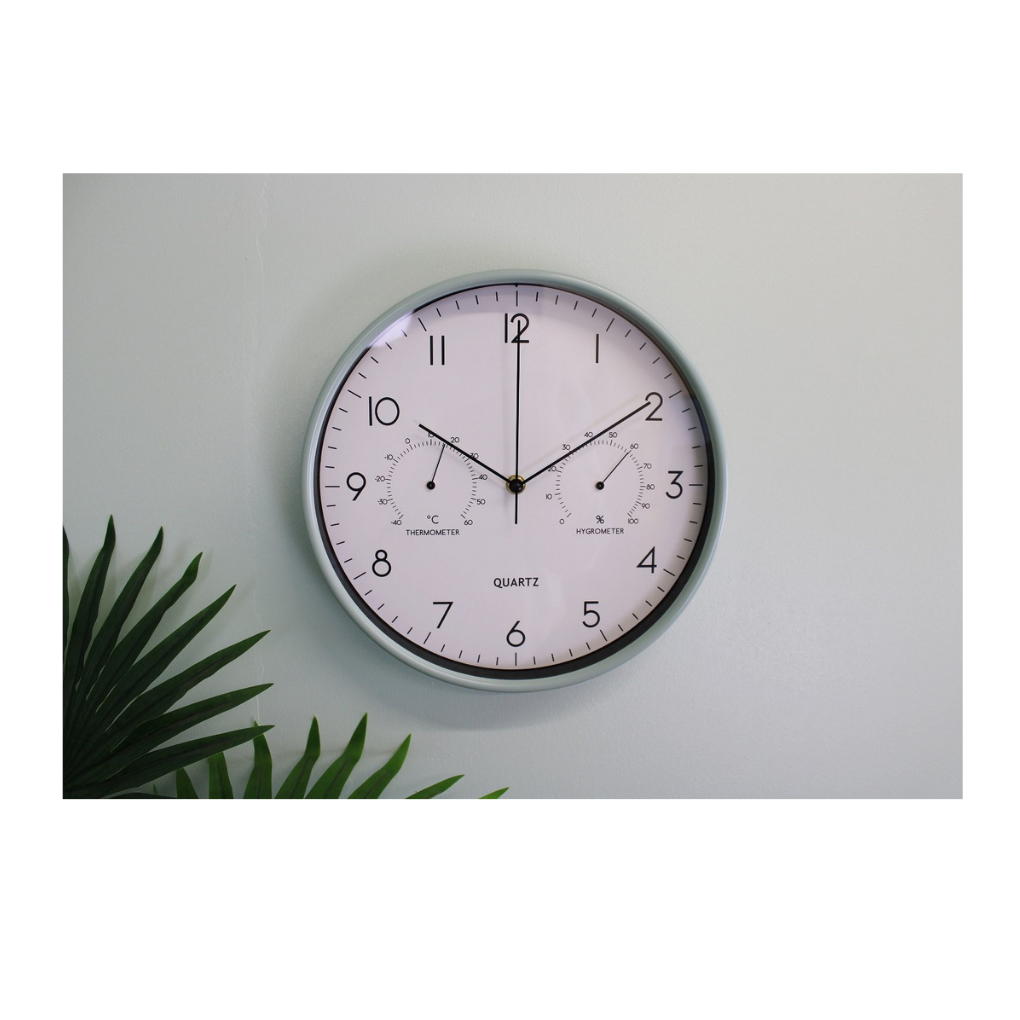 Green Wall Clock 30cm with Thermometer/Hygrometer