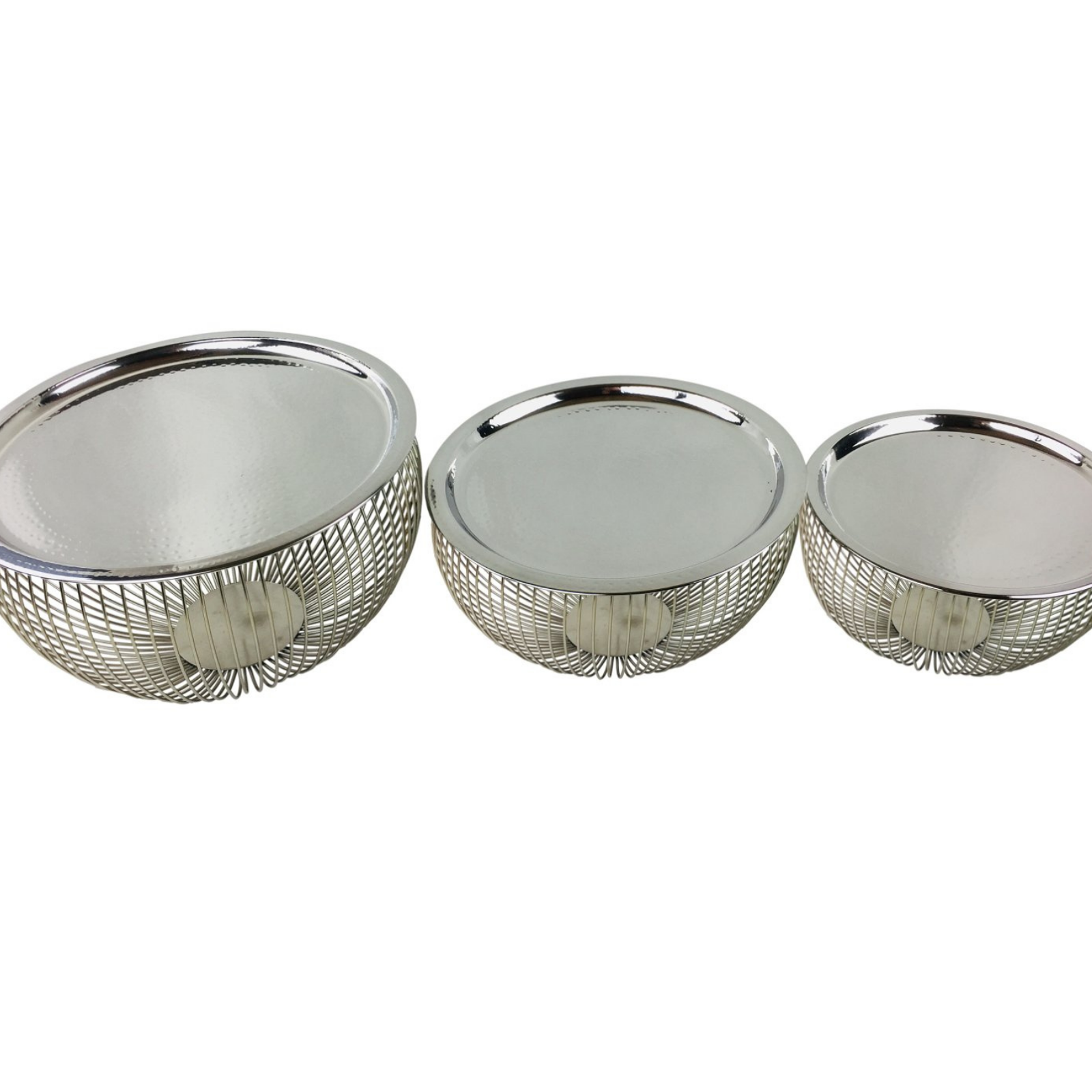 Set Of 3 Silver Bowls With Plate Tops