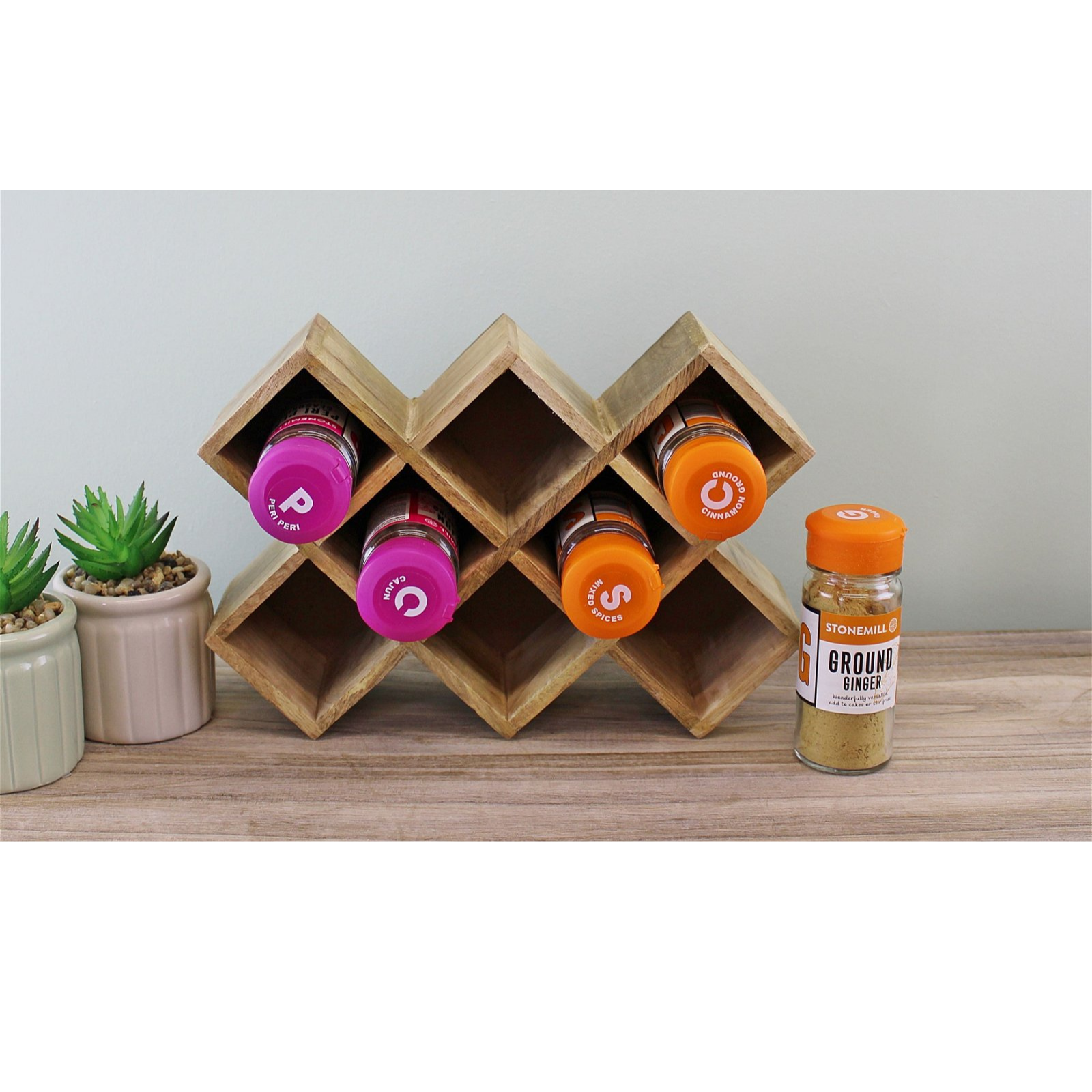 Freestanding Wooden Spice Rack, holds 8 bottles
