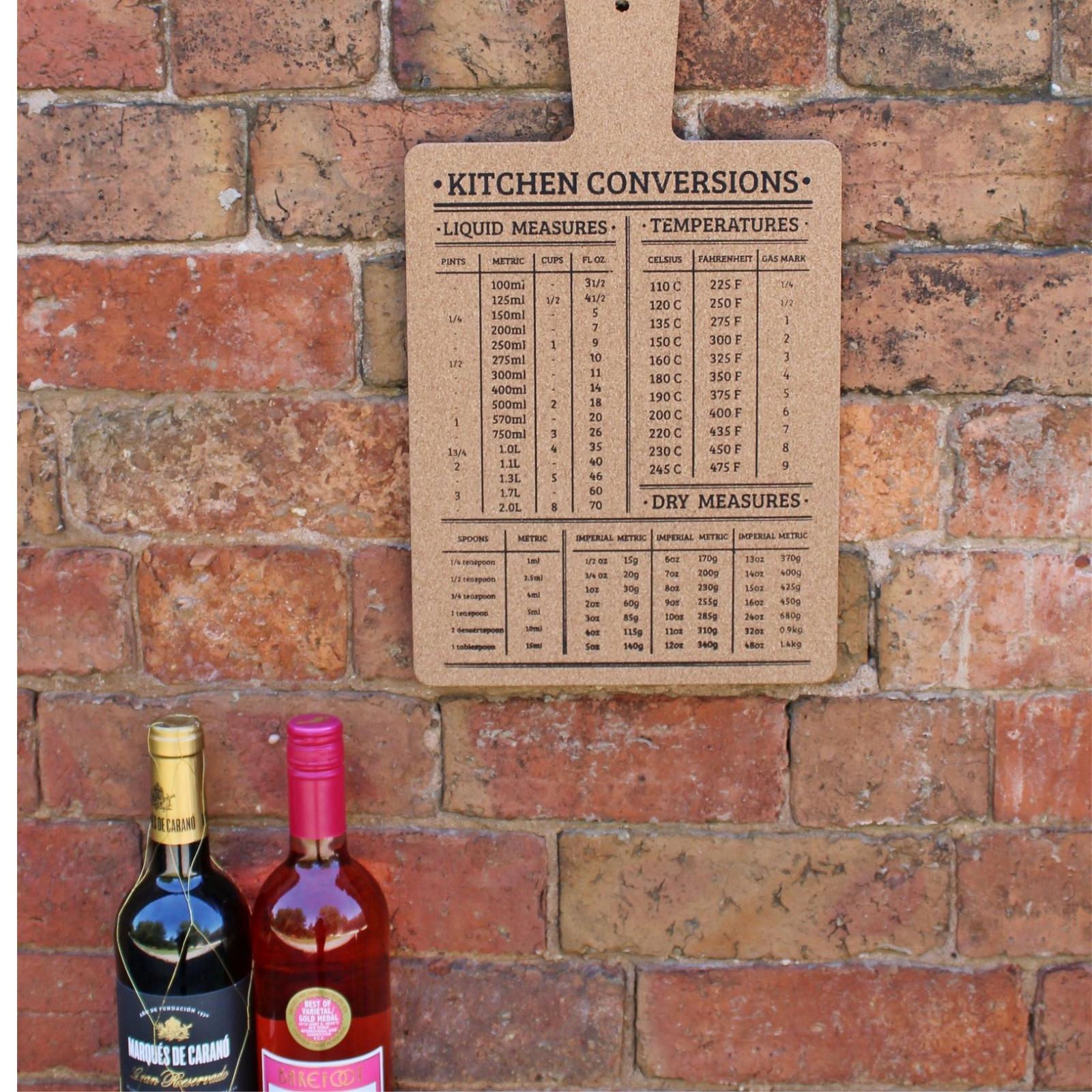 Hanging Cork Board Featuring Kitchen Conversions Chart